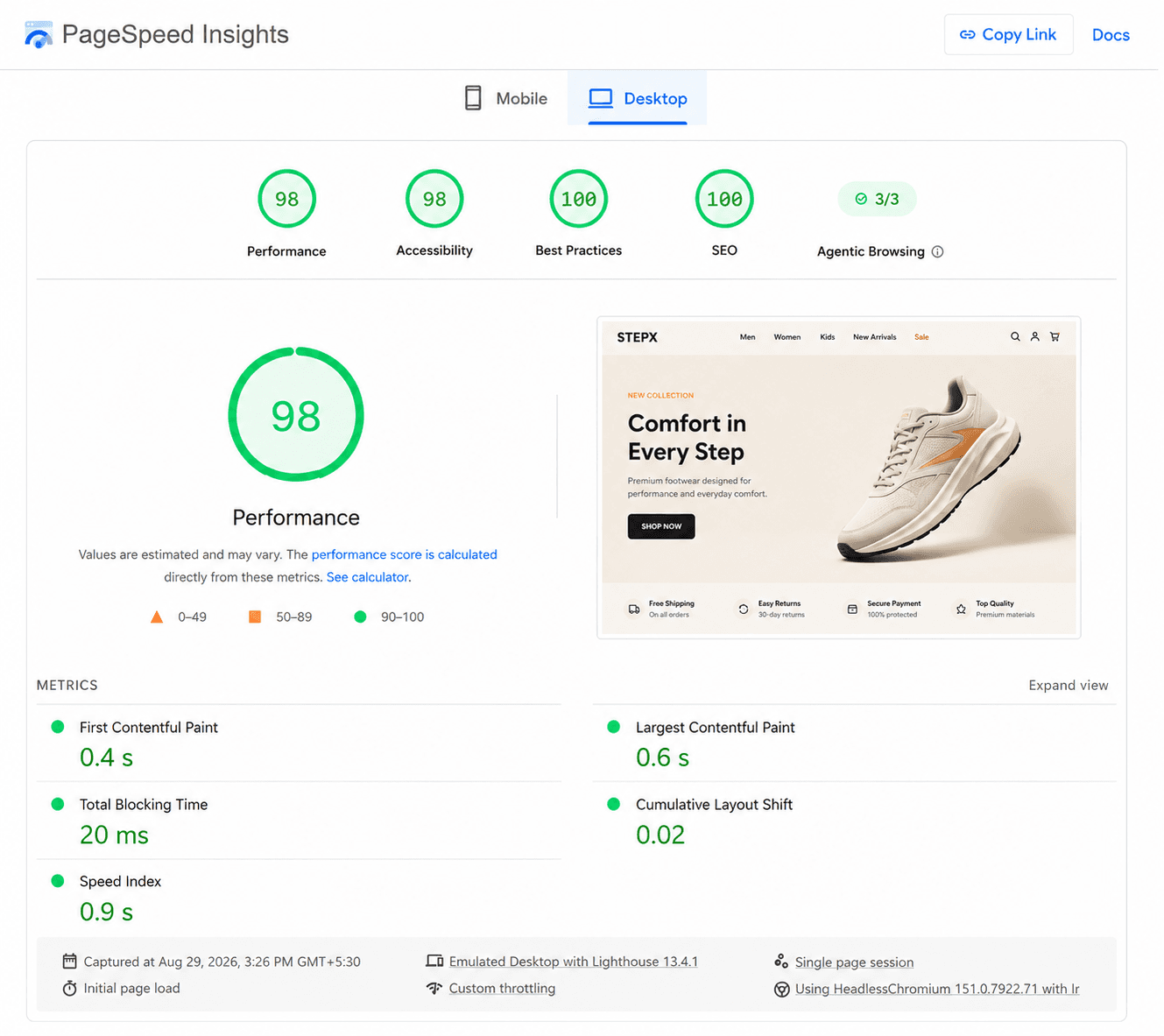 Google PageSpeed Insights report — Performance 98, Accessibility 98, Best Practices 100, SEO 100