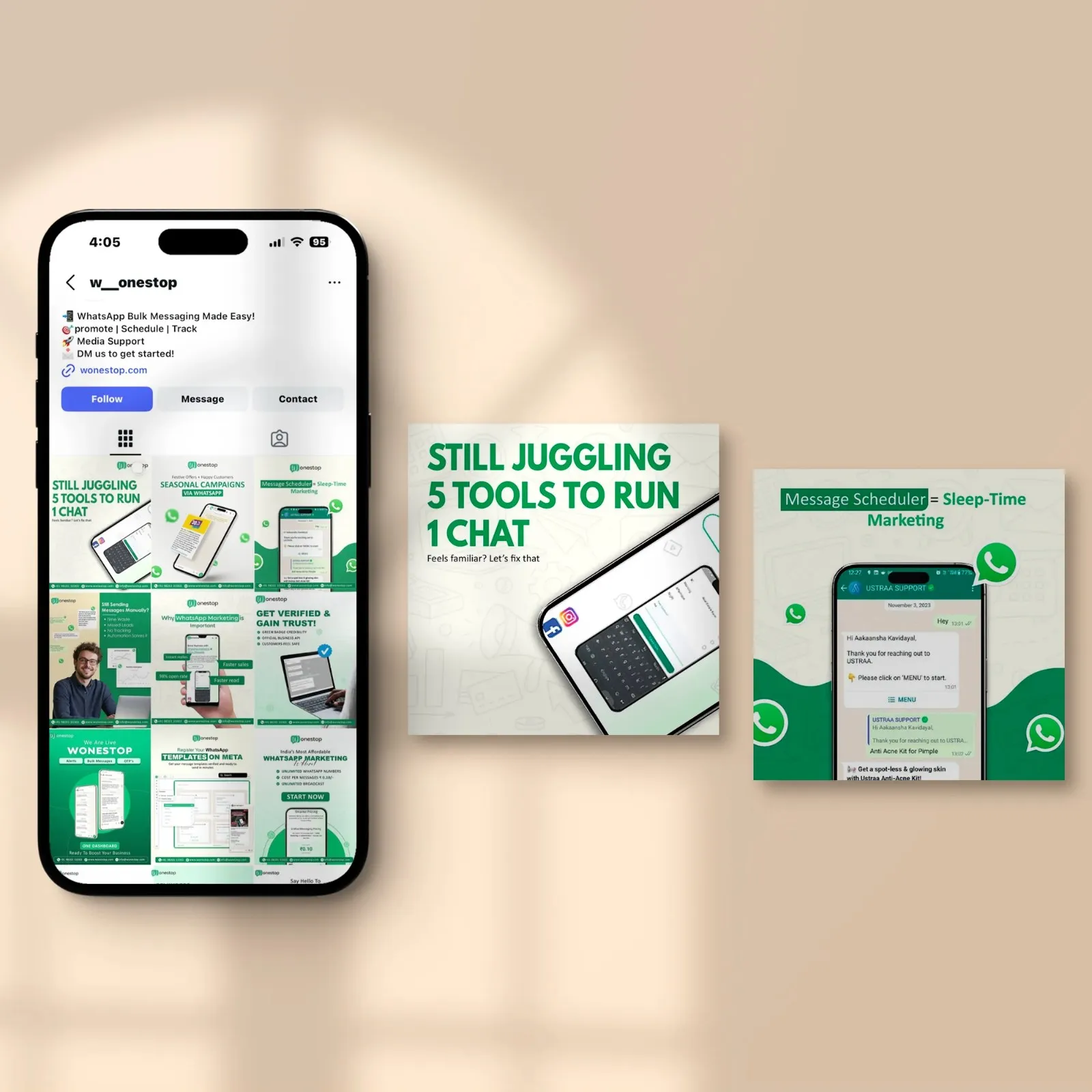 Wonestop WhatsApp Automation Social Media Post Design Mockup